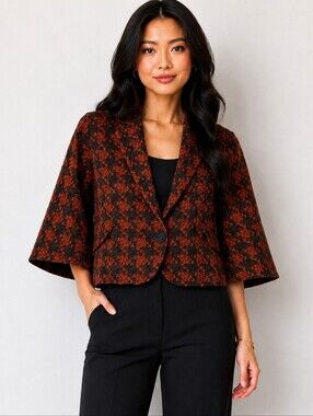 Ali Miles Rust Orange Black Geometric Cropped Jacket Top Size 10